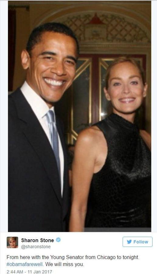 Sharon Stone (actriz). «Desde aquí con el Senador Joven de Chicago a esta noche. Te extrañaremos»