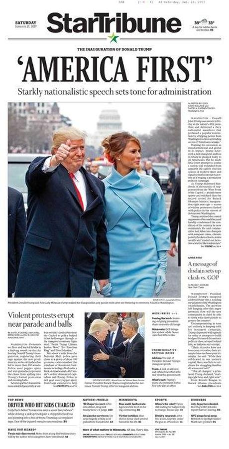 El «Star Tribune» ha elegido la fotografía de Trump alzando el pulgar y acompañado de su esposa para su portada de este sábado. Titula: «América, lo primero», aludiendo al discurso pronunciaod por el presidente en la ceremonia de investidura.. 