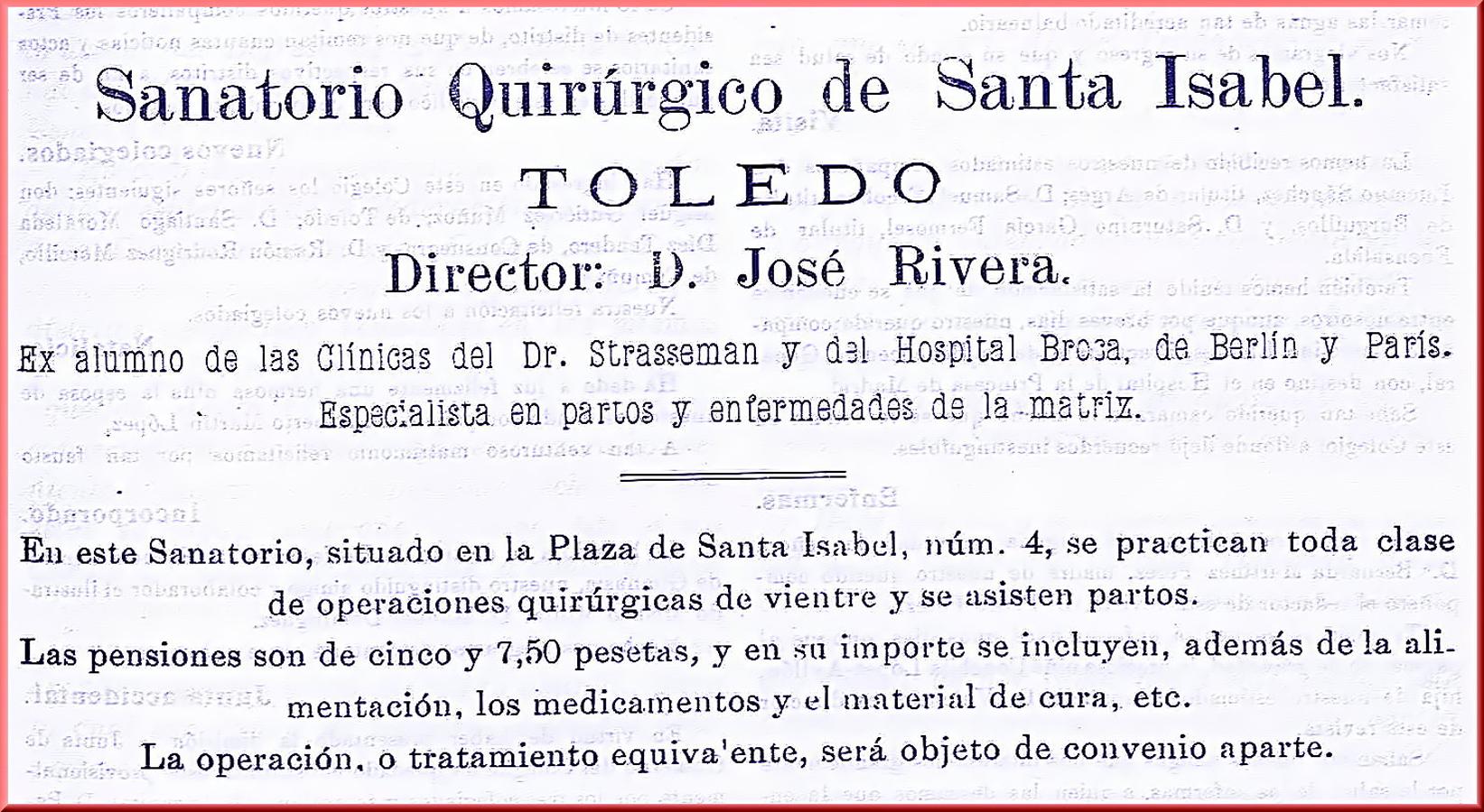 Anuncio de 1923 del sanatorio quirúrgico que abrió el Dr. José Rivera en la plaza de Santa Isabel. 