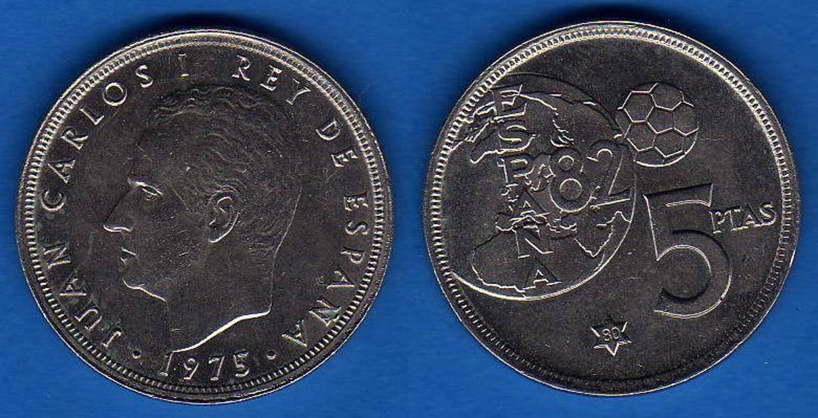 5 Pesetas 1975 (Reverso del Mundial del 82). Se trata de una de las más cotizadas, porque se fabricaron con motivo del Mundial del 82, aunque hubo un error y en algunas figura el año 1975. Los coleccionistas pagan entre 350 y 400 euros.. Numisjoya
