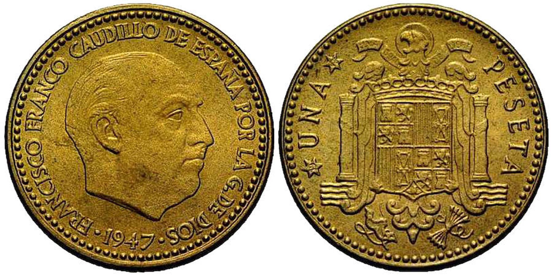 Peseta 1947. Este año aparecieron las primeras monedas con la efigie de Franco y llegaron a conocerse popularmente como «rubias». Hoy en día se pueden vender hasta por 1.400 euros, según el estado de conservación.. Fuenterebollo.com