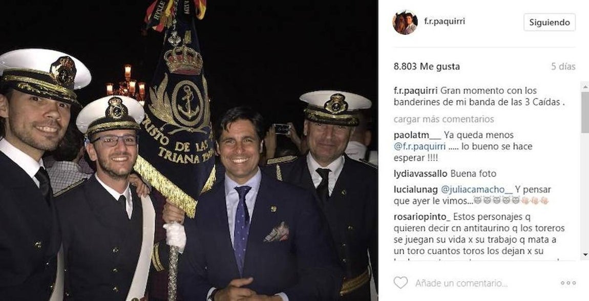 Francisco Rivera. Los hermanos Rivera también acuden cada año como miembros de las distintas cofradías sevillanas. Cayetano Rivera junto a su mujer Eva González, o Francisco Rivera y su esposa Lourdes Montes, los cuales acuden con su hija Carmen para enseñarle una de las tradiciones favoritas de la familia