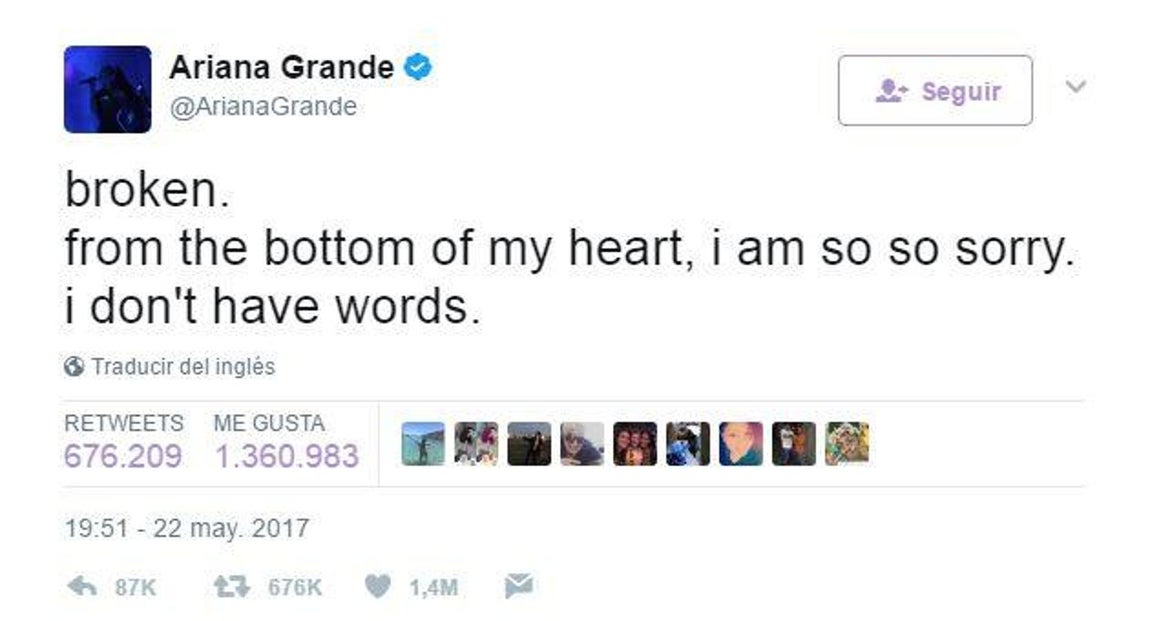 Adriana Grande, cantante. «Rota. Desde el fondo de mi corazón, lo lamento muchísimo. No tengo palabras»