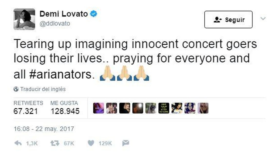 Demi Lovato, cantante. «Desgarrada imaginando a los asistentes del concierto inocentes perdiendo sus vidas .. orando por todos»