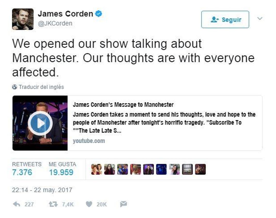 James Corden, actor. «Abrimos nuestro show hablando de Manchester. Nuestros pensamientos están con todos afectados»