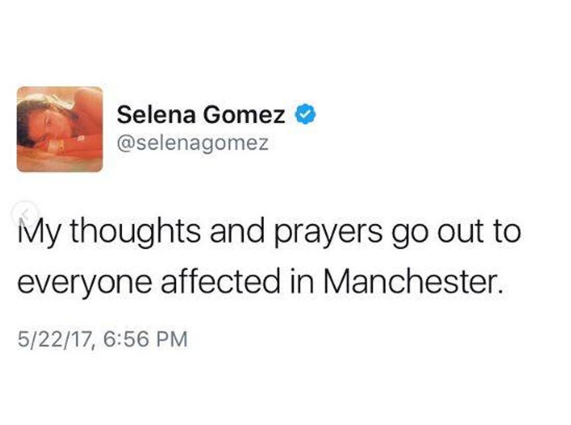 Selena Gómez, cantante. «Mis pensamientos y oraciones a todos los afectados en Manchester»