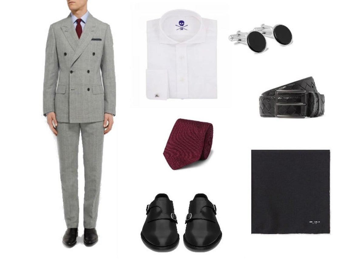 Look de chaqueta cruzada para ir de invitado a una boda. El traje cruzado una de las opciones más elegantes y por tanto deberás escogerla si se trata de una ceremonia formal. Siempre abotonado, este traje de Kingsman para Mr porter estilo Príncipe de Gales (1.195€) acompáñalo de camisa de Scalpers en blanco (99€), corbata granate de Kingsman (160€), zapatos  con hebilla de Saint Laurent (695€), cinturón de Bottega Veneta (420€), gemelos de Lanvin (225€) y pañuelo de Saint Laurent en color negro (95€)