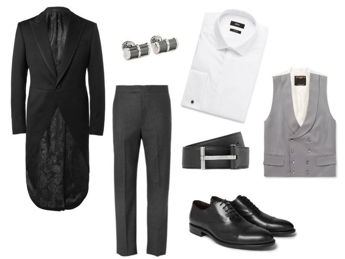 Look para ir invitado a una boda con chaqué. Solo deberás llevar chaqué si así lo marca el dress code een la invitación de boda, ya que este suele dejarse al novio, el padrino y los testigos. Este modelo de Favourbrook (895€ la chaqueta y 290€ el pantalón) puedes lucirlo con una camisa blanca como esta de Hugo Boss (120€) y acompañarlo siempre de un chaleco similar a este de Favourbrook (275€), unos zapatos tipo Oxford como los de Hugo Boss (330€), unos gemelos de Trianon  en oro blanco (1.475€) y calcetines de Falke (75€).