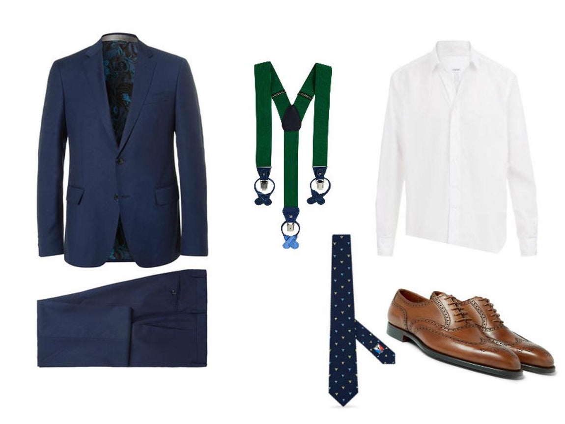 Look con tirantes para ir de invitado a una boda. Si quieres dar un punto diferente a tu look para acudir a una boda que se celebra de día, prueba a jugar con un traje azul marino coo este de Etro (1.220€), que con una camisa blanca como esta de Loewe (390€) , unos tirantes de Olympo (CPV), una corbata de colores, de Louis Vuitton (150€) y unos zapatos Oxford de George Cleverley (625€).