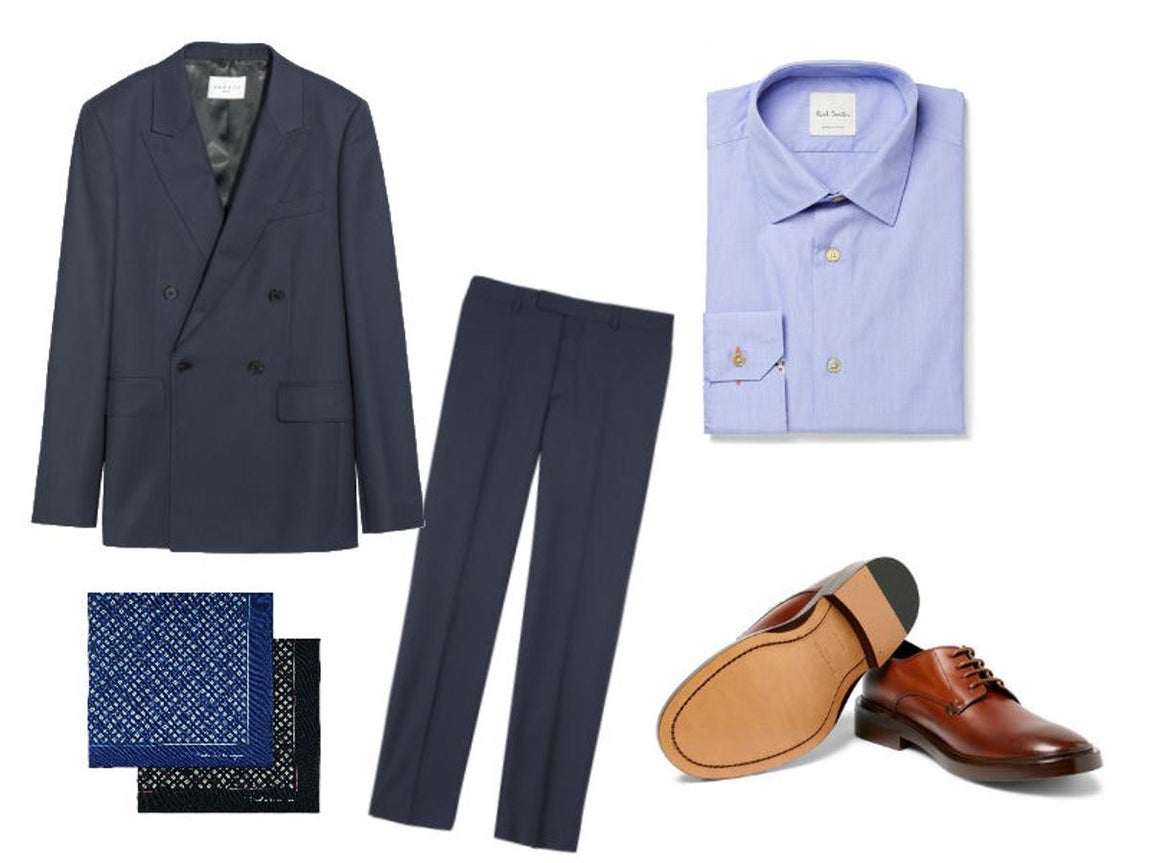 Look para ir a una boda informal. Las bodas de estilo rústico, más informales y con pocos invitados, requieren de un estilo más desenfadado. Por eso, puedes probar a lucir un traje cruzado similar al que te proponemos de Sandro, pero esta vez sin corbata, con camisa de color como esta de Paul Smith (225€) y simplemente acompañado de un pañuelo estampado como este de Salvatore Ferragamo (CPV). Pon un toque de color con zapatos camel como estos de Balenciaga (625€).