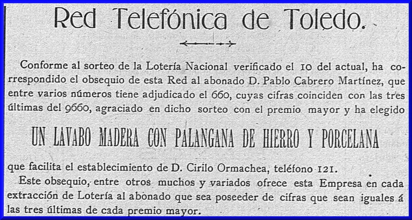 Promoción comercial de la Red Telefónica de Toledo en 1909 