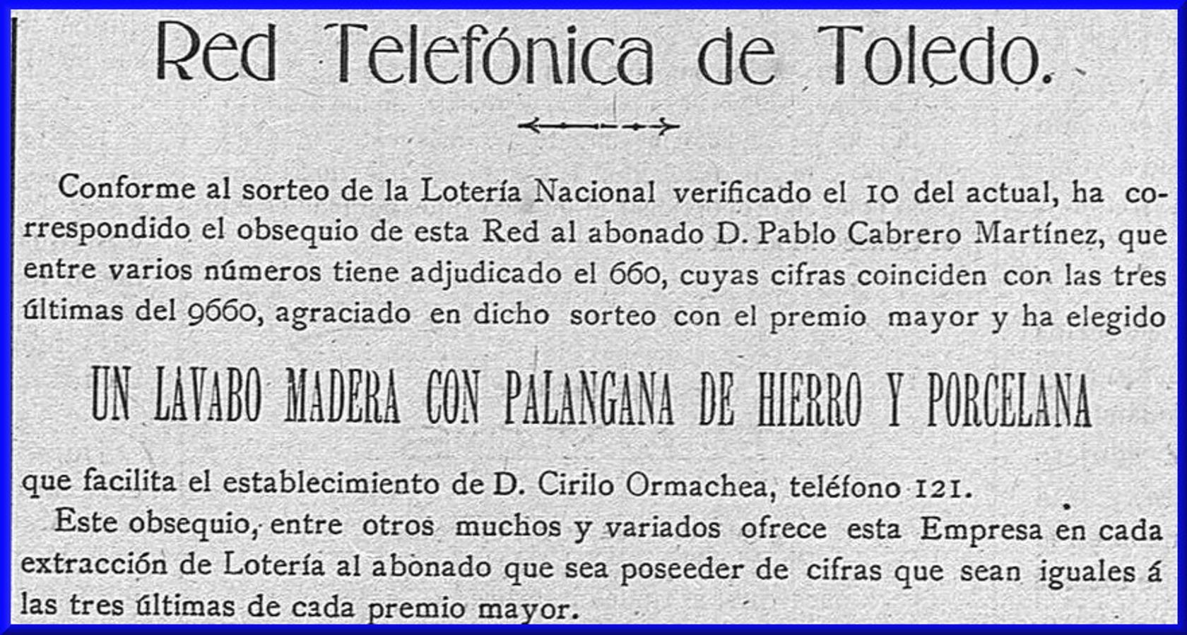 Promoción comercial de la Red Telefónica de Toledo en 1909. 