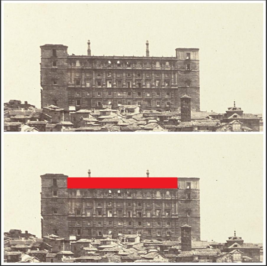 Imagen comparativa del Alcázar con una foto de Clifford (ca. 1858). Abajo, en color, la cubierta perdida desde el incendio de 1810. 