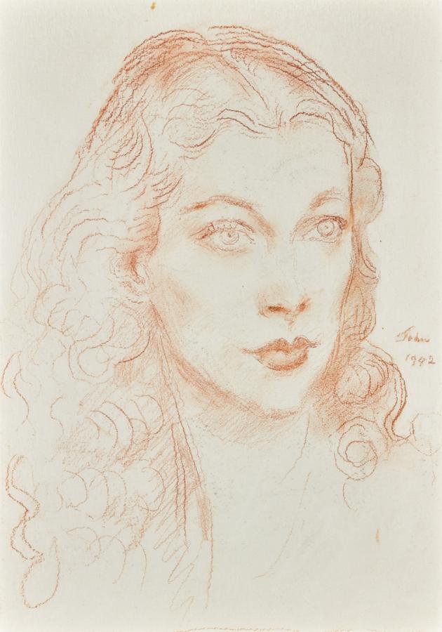 Retrato de Vivien Leigh en tiza roja por Augustus John, 1942. Laurence Olivier había encargado el retrato al amigo del matrimonio, sin embargo únicamente se quedaron este boceto porque Laurence sentía que el pintor estaba obsesionado con su esposa (5.593 - 7.830 €).