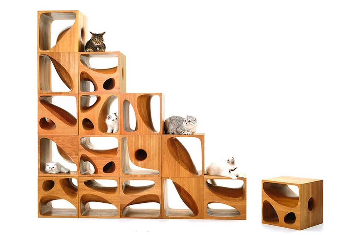 CATable 2.0,, de Lycs Architecture. Un sueño que pronto se hará realidad, este exclusivo mueble de diseño para gatos es un proyecto de la empresa china Lycs. Lo presentó en 2015 en la Bienal de Diseño de Gwangju, formaba parte de la exposición «Asian Design Hub». Son pequeños bloques que se podrán cambiar de distribución en función de las necesidades del dueño o el gato. Todavía no está a la venta.