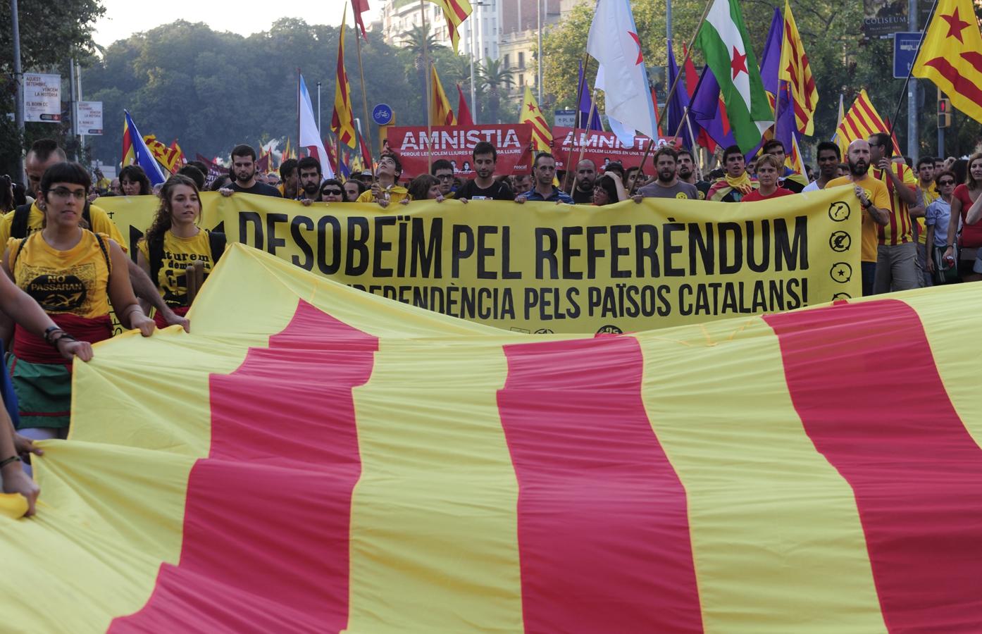 Un grupo de independentistas sostienen una estelada en una calle de Barcelona durante la Diada de 2014. 