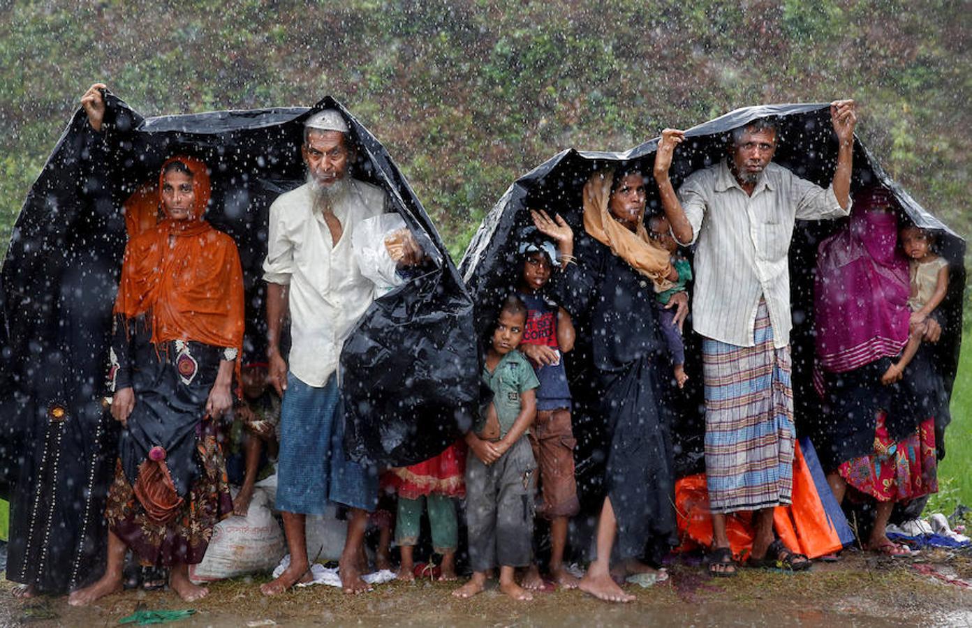 Varios rohingyas se protegen de la lluvia en un campo de refuagiados de Bangladesh.. 