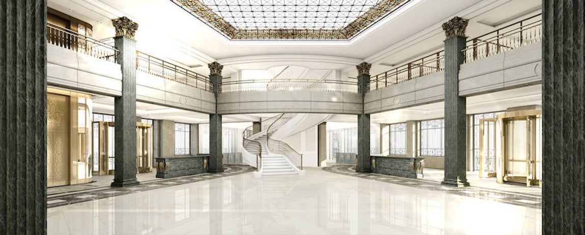 16.. Vista central del Lobby del hotel, donde se encontraba la sala de operaciones del antiguo banco