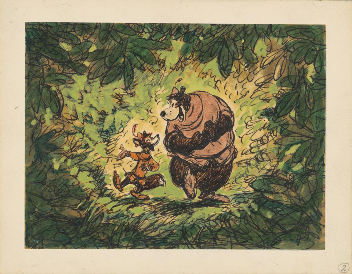 «Robin Hood», 1973. Artista del estudio Disney. Estudio para la dirección de arte. Aguada, rotulador y tinta sobre papel.. 