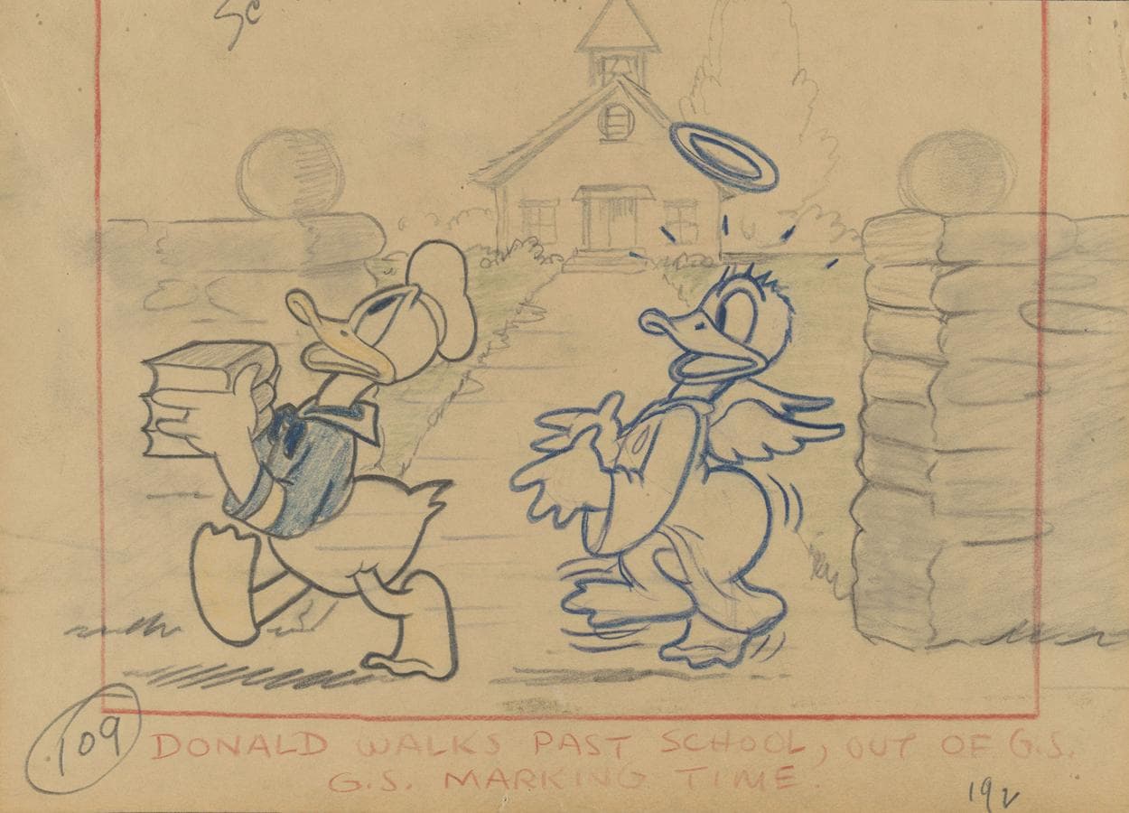 «Lo mejor de Donald», 1938. Artista del estudio Disney. Esbozo. Lápiz de color y mina de grafito sobre papel.. 