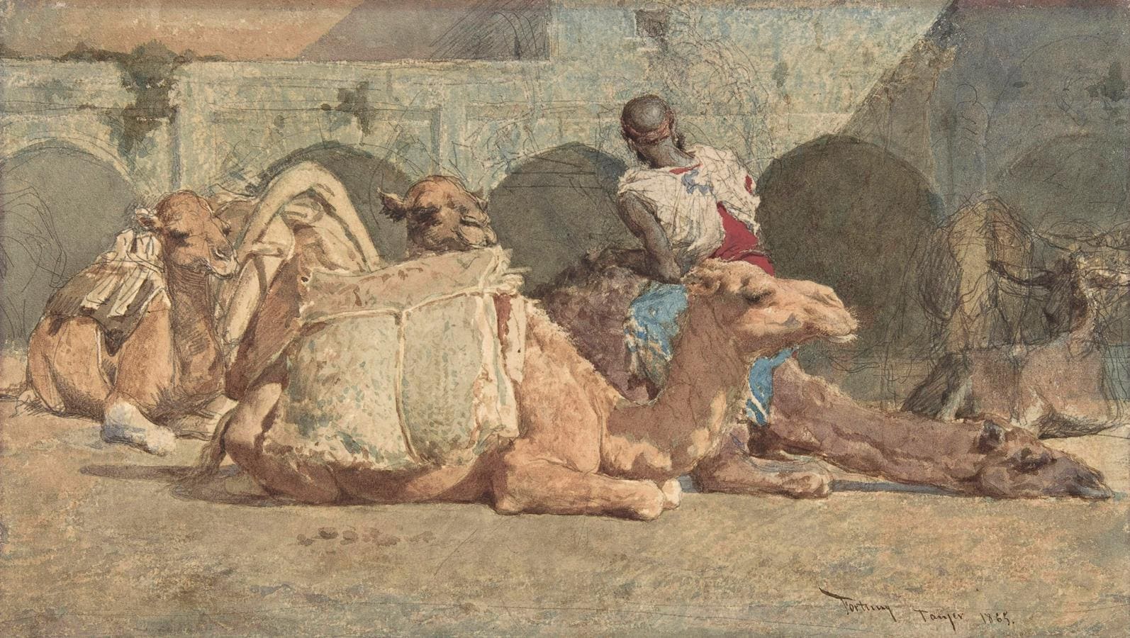En llos primeros meses de 1865, Fortuny viajó a Tánger, donde tomó apuntes para esta acuarela que finalizó en Roma. «El camellero», 1865.. 