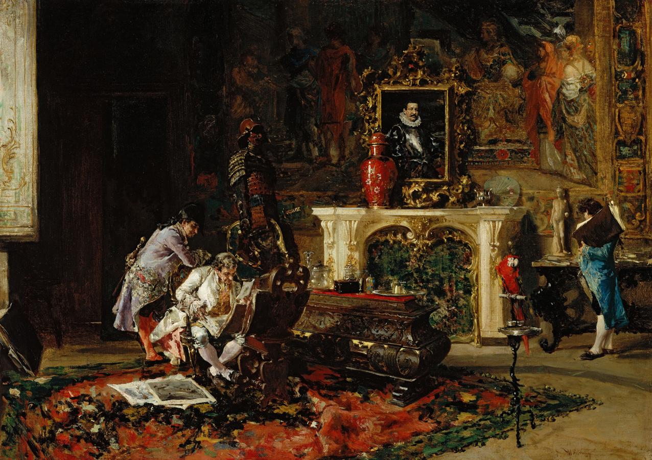Los protagonistas de este cuadro aparecen vestidos a la moda dieciochesca. «El coleccionista de estampas», 1867.. 