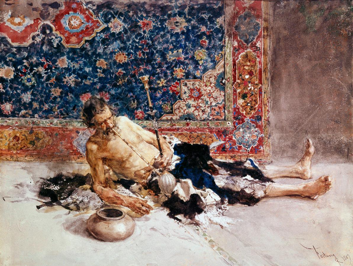 Su obra obtuvo un gran éxito hacia finales de la década de 1860 a través de óleos y acuarelas de motivos del siglo XVIII y árabes. «El fumador de opio», 1869.. 