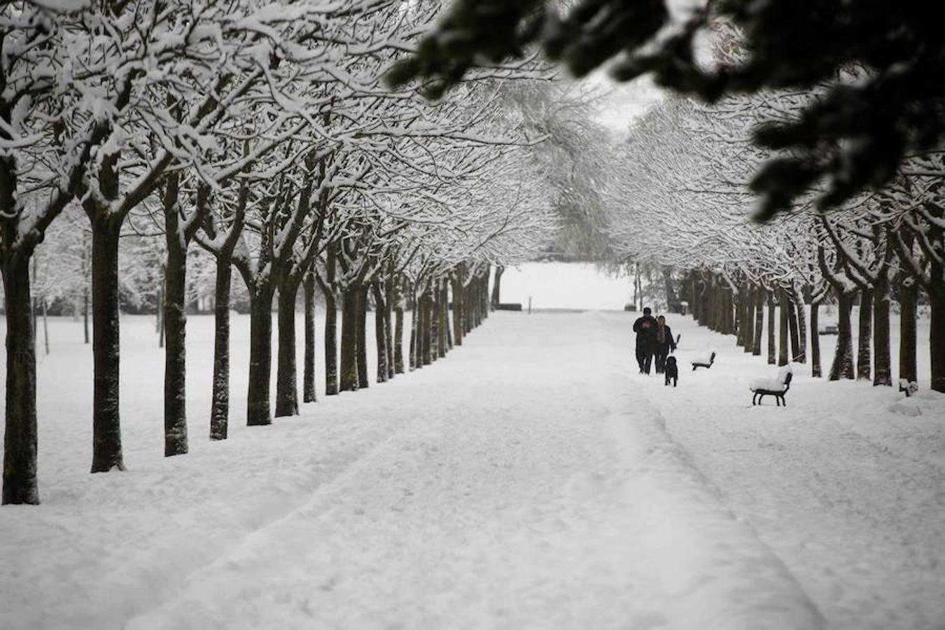 paseantes en el parque de Olarizu de Vitoria, que ha amanecido cubierta por la nieve. 