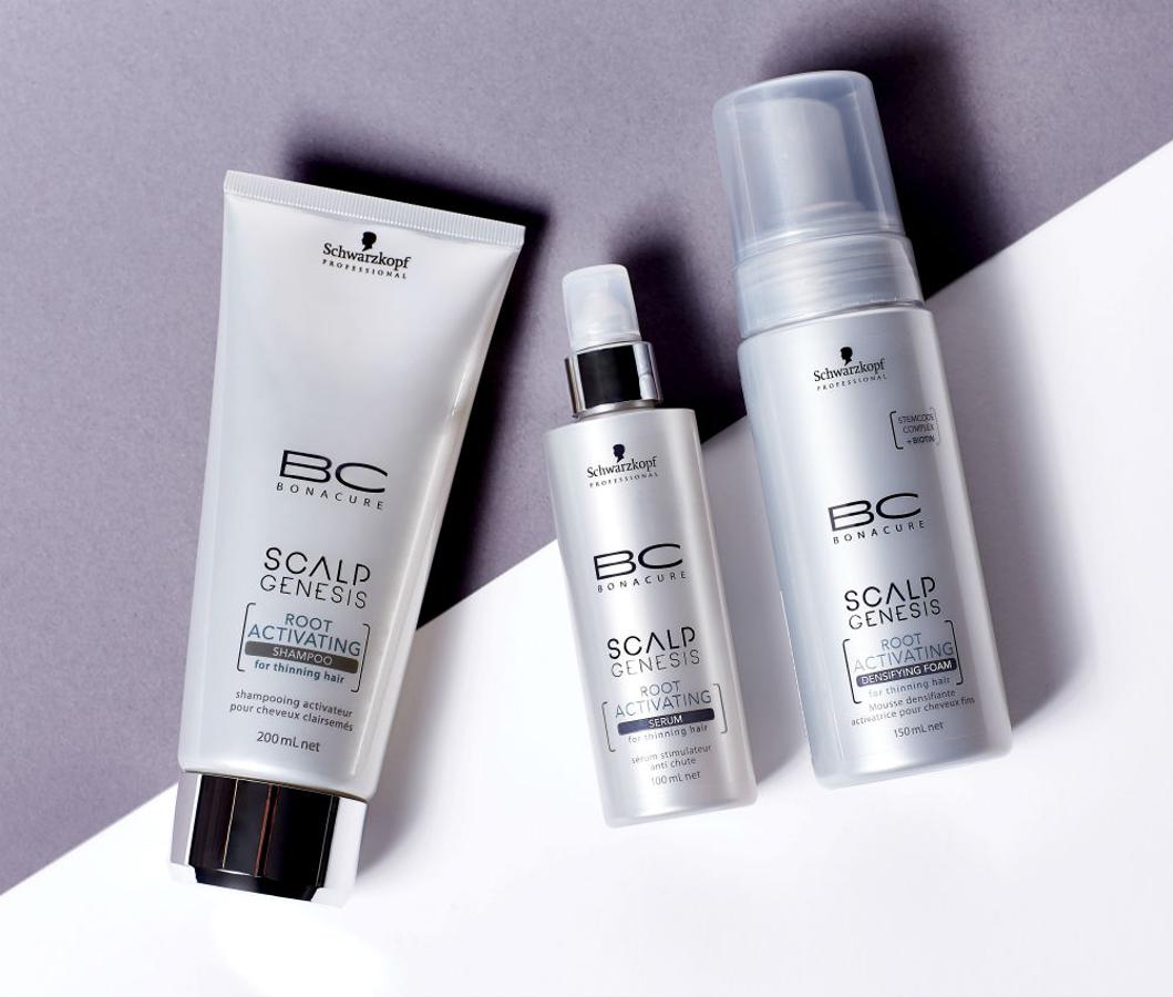 BC Bonacure Scalp Genesis de Schwarzkopf Professional. Tratamientos reequilibrante del cuero cabelludo que mejora el impacto de la polución en el pelo y garantiza un buen estado futuro a base de champú, sérum equilibrante, espuma y sérum activador de raíces (CPV)
