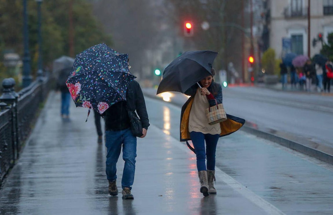La llegada de «Gisele» a España, en imágenes. Fuertes vientos y paragüas abiertos en Sevilla (imagen del Puente de Triana)