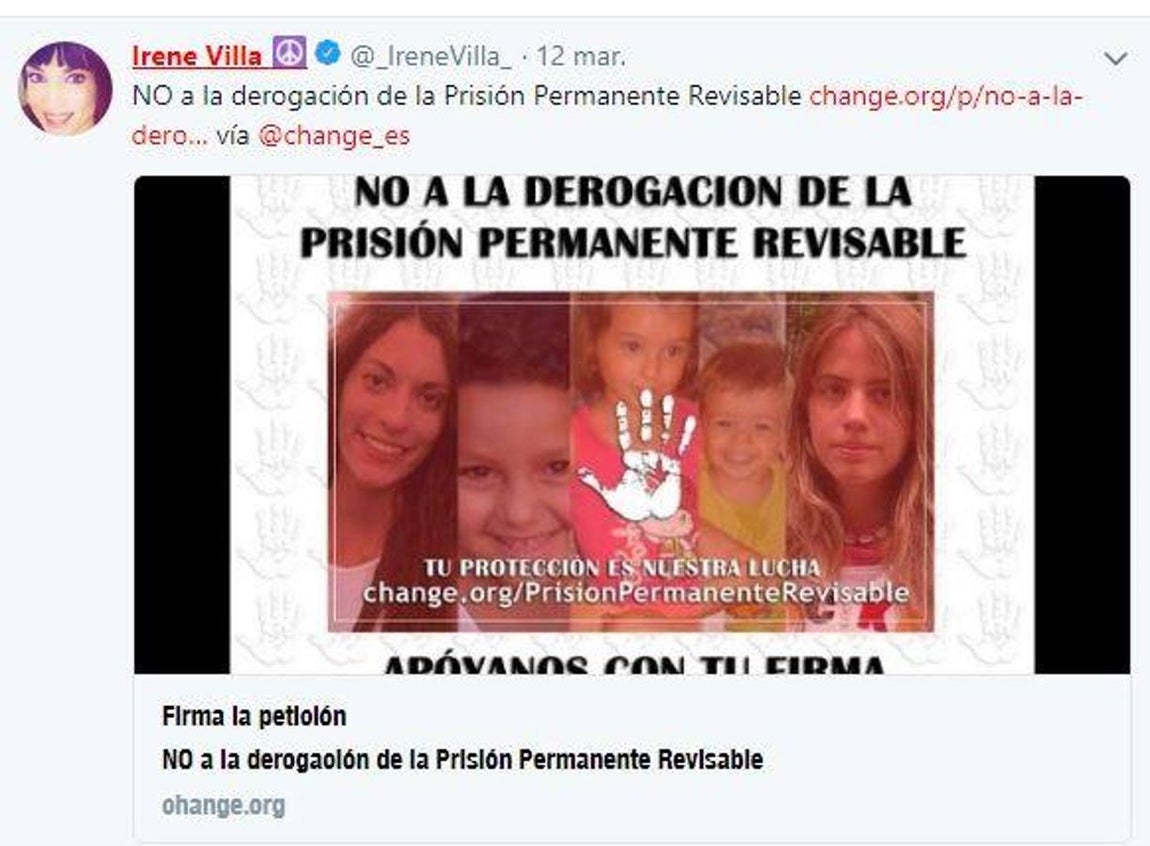 Irene Villa. La periodista quiso ir un paso más allá publicando un enlace a Change.org en el que cualquier persona puede votar en contra de la derogación de esta ley.