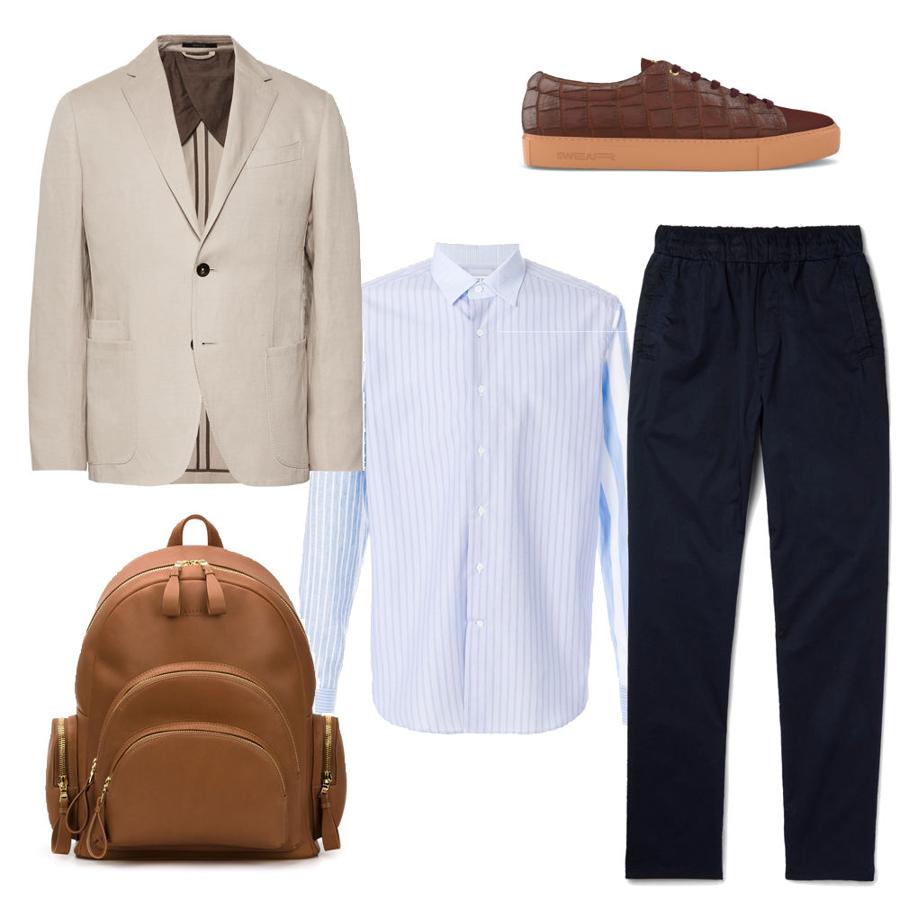 Look de entretiempo para casual Friday 100% cómodo. Lo mejor del casual friday es poder utilizar el estilismo para el rato de ocio a la salida del trabajo. Una de las mejores formas de hacerlo es con un pantalón como éste de Bottega Veneta (Precio: 450 euros), el cual puedes combinar con una camisa más clásica a rayas como esta de Loewe (Precio: 490 euros), una blazer de lino de Ermenegildo Zegna en un tono suave (Precio: 1950 euros). Los complementos, siempre cómodos. Mochila de Balas (Precio: 3363 euros) y zapatillas de Swear (Precio: 2350 euros)