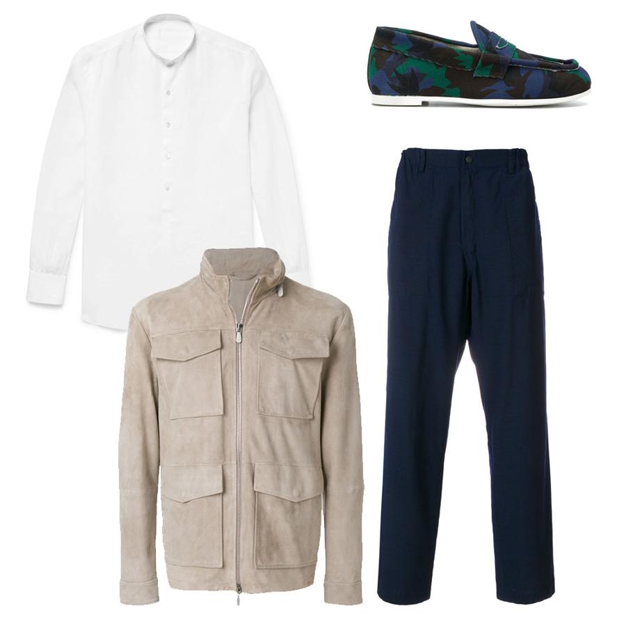 Look de entretiempo para casual Friday en tonos neutros. Pantalones de cintura de alta de Issey Miyake (Precio: 1179 euros) con una camisa blanca de cuello Mao firmada por Anderson and Shepard (Precio: 365 euros), una cazadora color piedra de Eleventy (Precio: 1348 euros) y unos náuticos estampados de Tomas Maier (Precio: 627 euros). Comodidad sin renunciar al estilo.