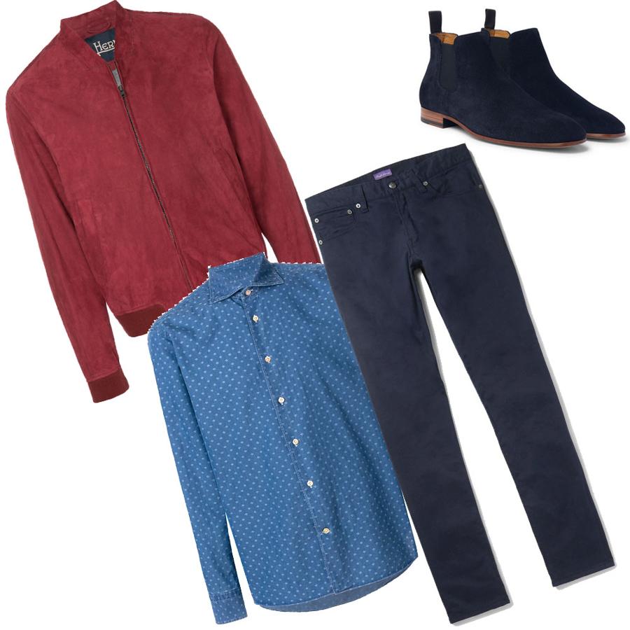 Look de entretiempo vaquero para casual Friday. El denim también puede ser para la oficina… al menos los viernes. Lúcelo con esta camisa vaquera de Borriello (Precio: 203 euros) com pantalón azul marino de Ralph Lauren Purple Label (Precio: 395 euros), cazadora tipo bomber de Herno en color granate (Precio: 825 euros) y botines de Hugo Boss (Precio: 395 euros).