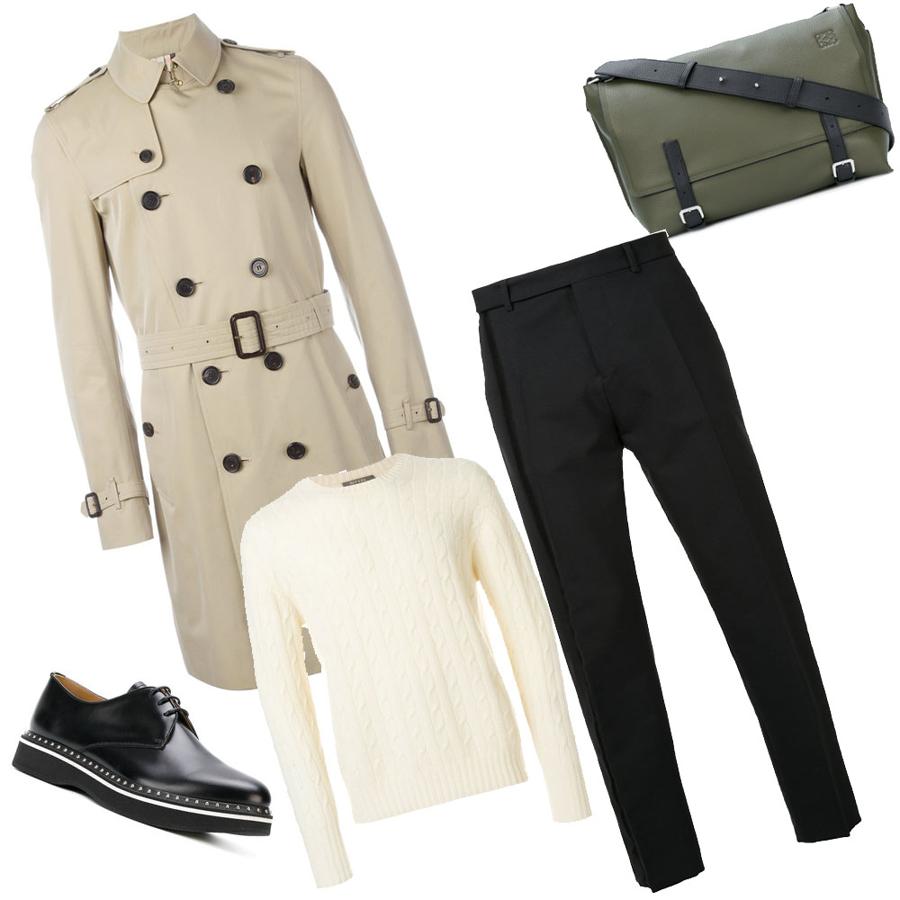 Look de entretiempo para casual Friday con gabardina. Lo mejor para los meses de primavera o de otoño es hacerse con un buen trench como el clásico de Burberry (Precio: 1795 euros) que puede lucirse sobre un jersey crudo como este de NPeal (Precio: 382 euros), con pantalón negro de OAMC (Precio: 1067 euros), zapatos con cordones y tachuelas de Church (Precio: 540 euros) y un bolso cruzado de Loewe (Precio: 1850 euros).