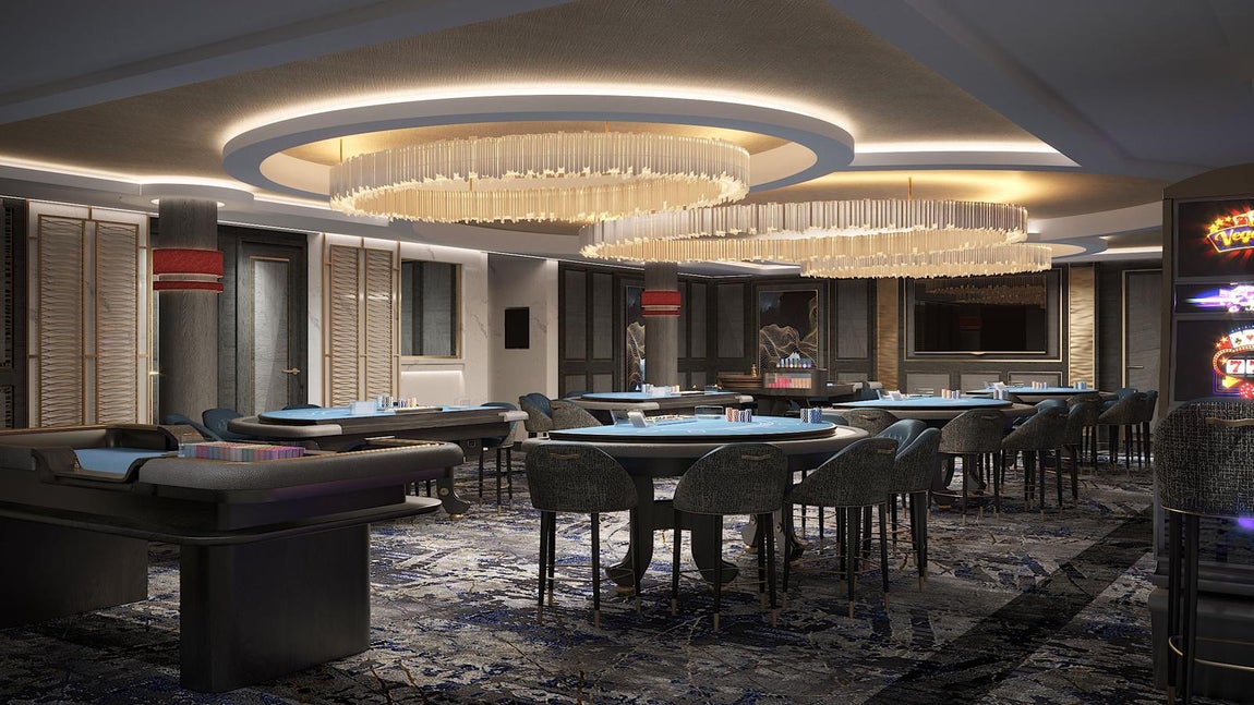 Casino. La imagen muestra el que será el único casino a bordo de un yate de expedición. Se llama Crystal Cove, se encuentra en el corazón del barco. Es un lugar de encuentro perfecto para los huéspedes, allí podrán reunirse, conversar, tomar cócteles y explotar todas sus posibilidades de entretenimiento nocturno