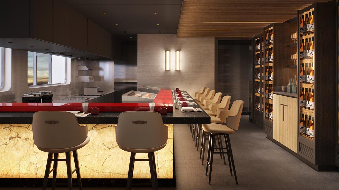 Sushi de autor. Las experiencias no estarán sólo fuera del barco. Dentro contará con un prestigioso servicio de restauración a bordo encabezado por el restaurante Umi Uma, del chef Nobu Matsuhisa especializado en sushi de autor