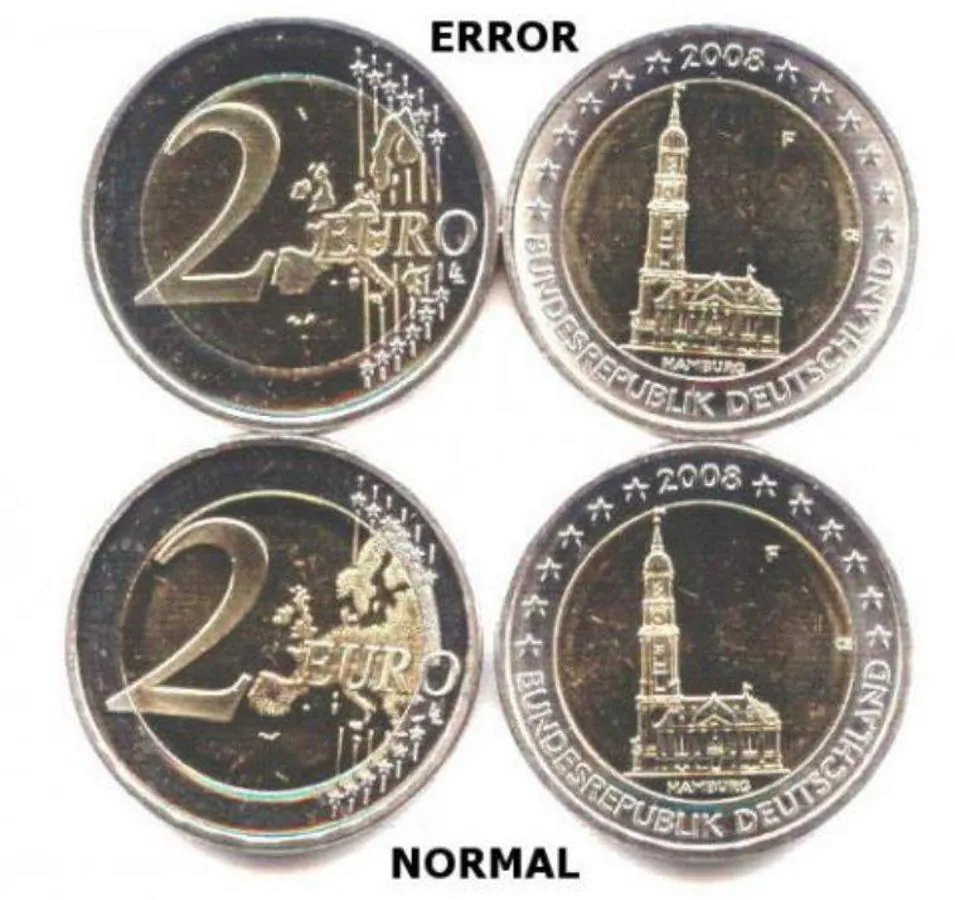 Alemania (2008). La que tiene un valor especial es la de arriba, que no incluía los países nuevos de la Unión Europea. Esa moneda «fallida» vale 40 euros.. 