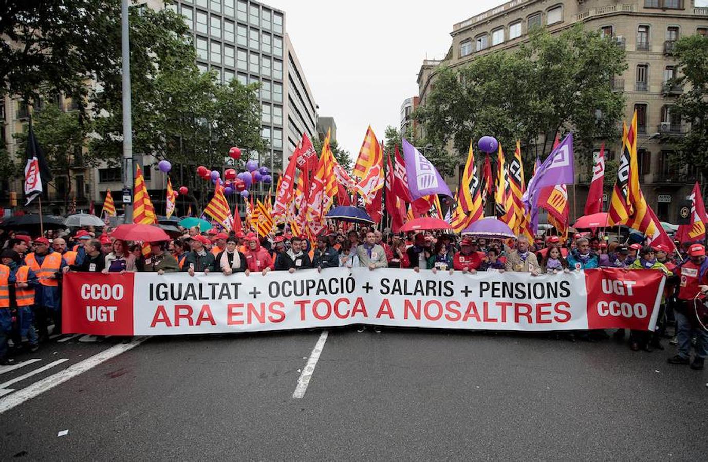 Imagen de la cabecera de la manifestación del Primero de Mayo en Barcelona. 