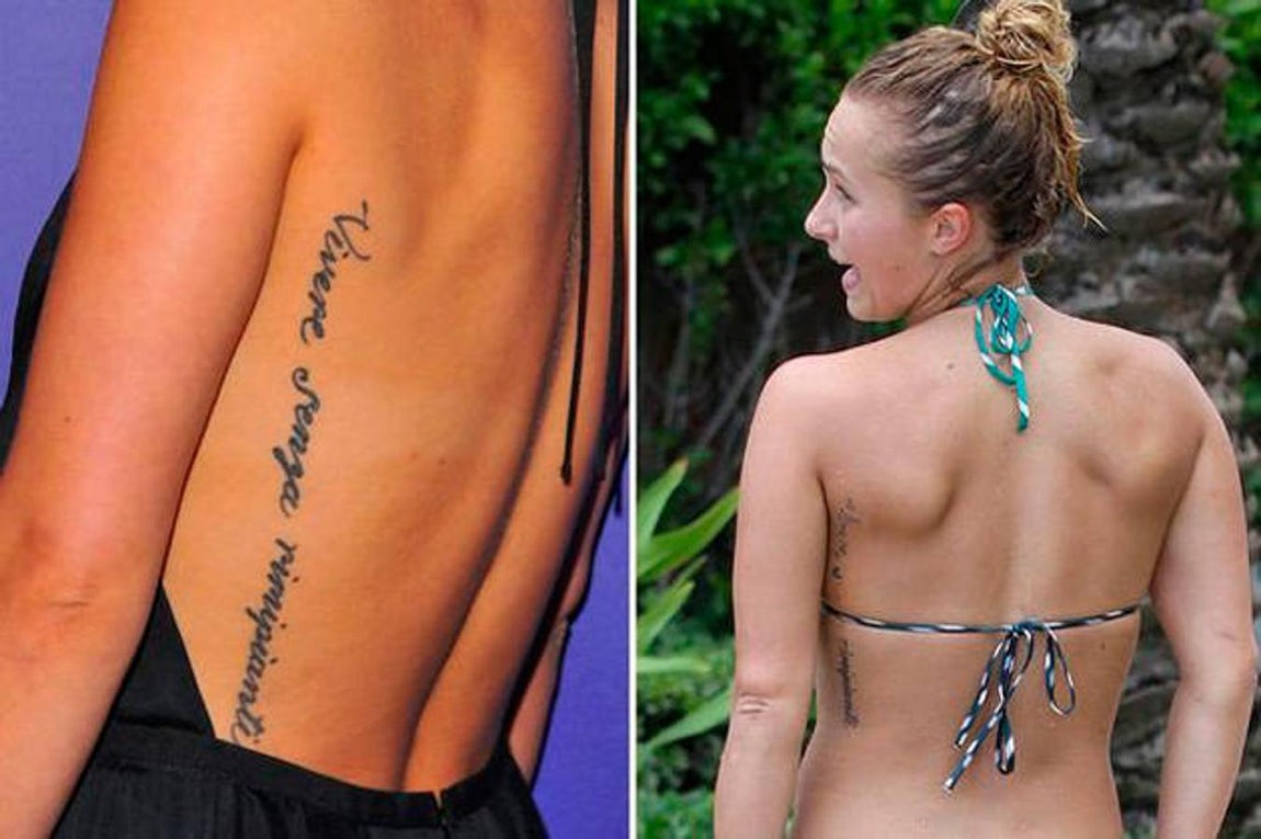 Hayden Panettiere. La actriz y cantante norteamericana se tatuó una frase en italiano, un idioma que no suele ser muy común entre los tatuajes. Sin embargo el profesional se equivocó y le escribió «Vivere senza rimipianti» en vez de «Vivere senza rimpianti», que significa «Vivir sin remordimientos»