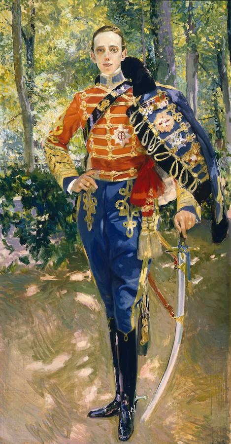 Pintura de Joaquín Sorolla de Alfonso XIII en los jardines de La Granja. 