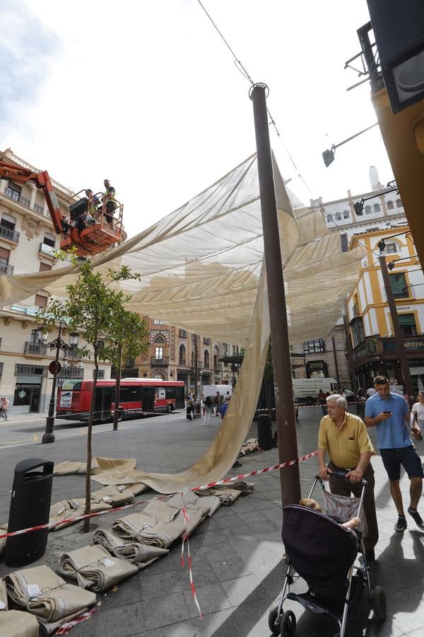 Colocación de toldos en el Centro de Sevilla por el calor