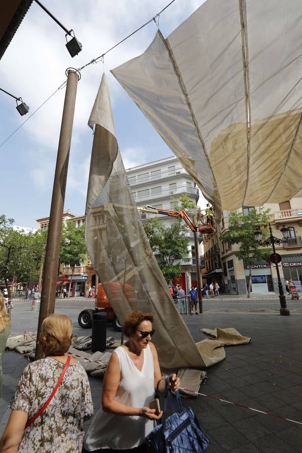 Colocación de toldos en el Centro de Sevilla por el calor