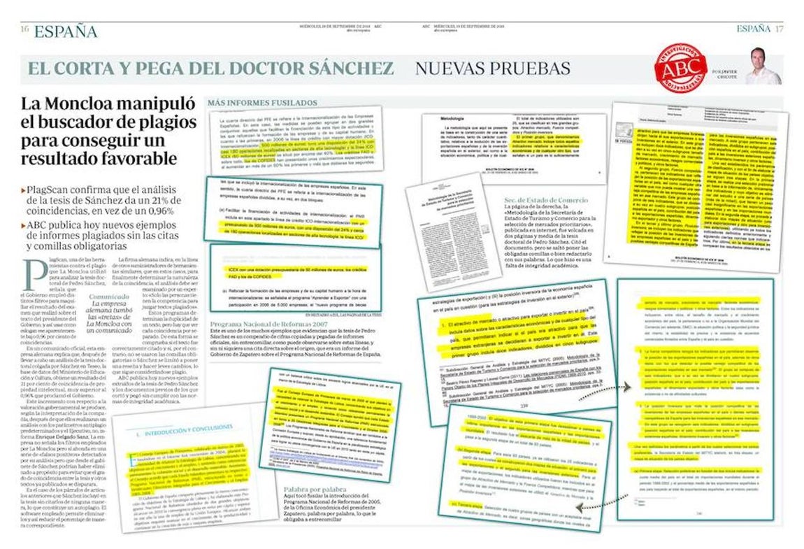 Maquillaje de Moncloa. El escándalo alcanza otra dimensión. Plagscan, una de las herramientas contra el plagio que utilizó La Moncloa para escrutar la tesis de Sánchez, señala que el Gobierno manipuló el buscador para conseguir un resultado favorable. Apunta a un plagio del 21 por ciento.