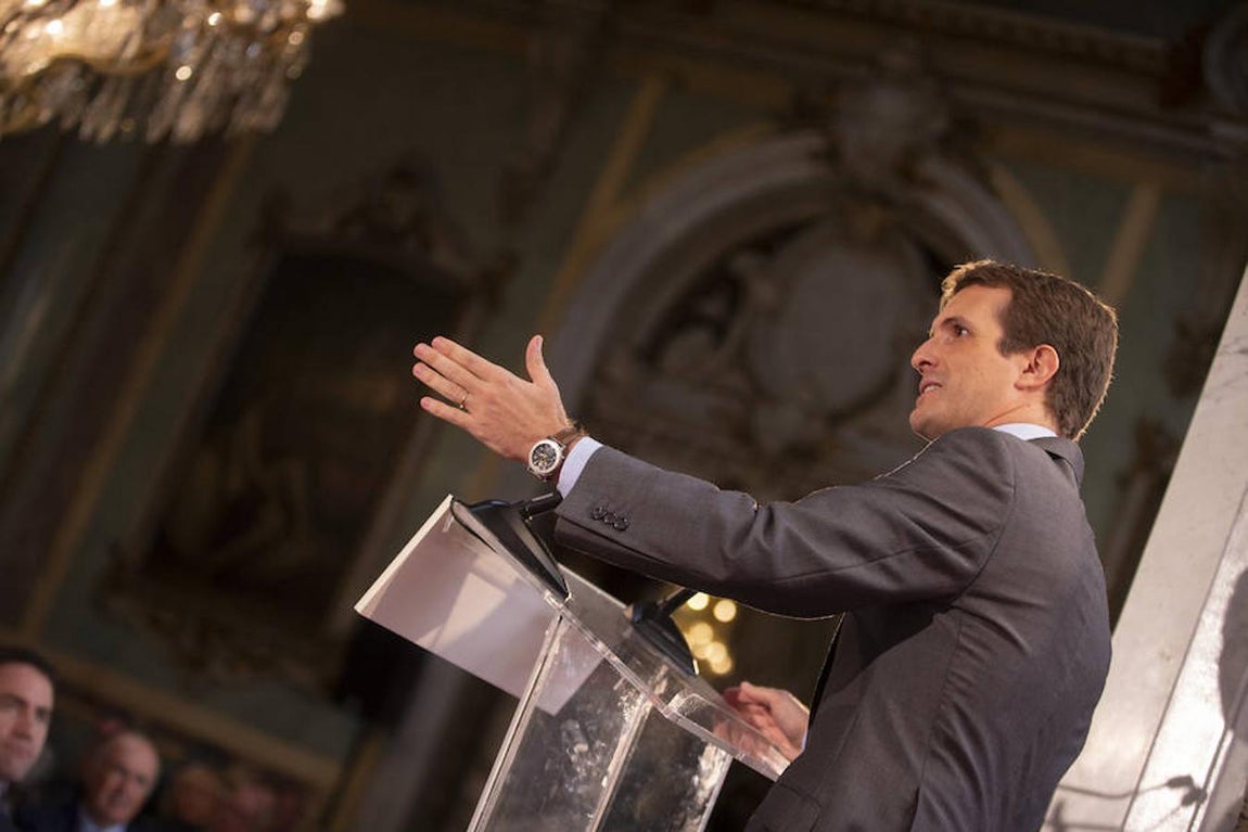 El líder del PP, Pablo Casado, durante su ponencia en el Foro ABC-Deloitte.. 