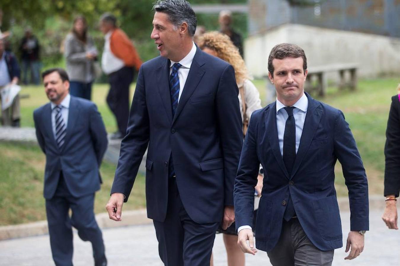 El presidente del PP, Pablo Casado, y el presidente del Partido Popular de Cataluña, Xavier García Albiol. 