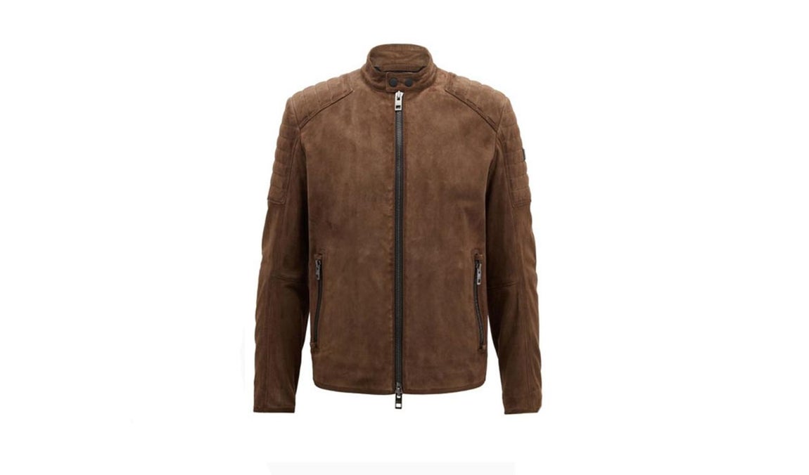 En ante. Cazadora biker slim fit con exterior de ante tratado a mano. (Precio: 595€)
