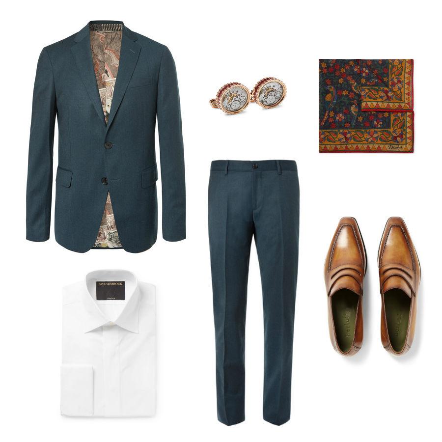 Look con traje sin corbata para la cena de empresa. No tienes por qué llevar corbata si no quieres y puedes decantarte por un traje más atrevido pero no por ello debes renunciar a la elegancia. Con este dos piezas de Etro (Precio: 280 euros el pantalón y 955 euros la blazer) encajará genial una camisa blanca de Favourbrook (Precio: 200 euros), un pañuelo estampado de Drake’s (Precio: 65 euros), unos gemelos de Tateossian (Precio: 240 euros) y unos zapatos camel de Berlutti (Precio: 1580 euros).