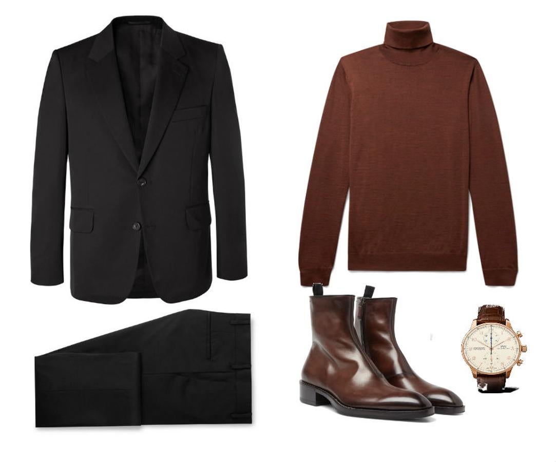 Look con traje y jersey para la cena de empresa. Otra alternativa a la que puedes recurrir más desenfadada es la de combinar un traje con jersey en lugar de con camisa. Nuestra propuesta es llevar este dos piezas de The Row (Precio: 3900 euros) con un suéter de punto y cuello vuelto firmado por Lanvin (Precio: 650 euros) al que coronar con unos botines de piel de Berluti (Precio: 2.660 euros) y un exclusivo reloj de esfera de oro rosa y correa de piel de cocodrilo obra de Iwc Schaffhausen (precio: 16,900 euros).