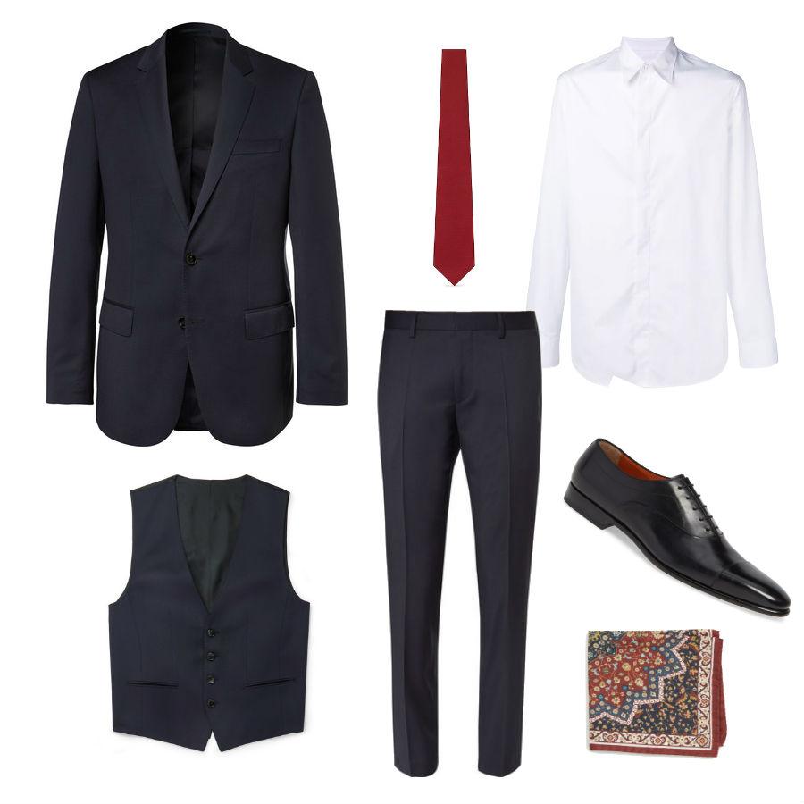 Look con traje de tres piezas para la cena de empresa. Si te gusta el estilo más clásico y purista, un traje de tres piezas es la opción más sofisticada. Hugo Boss propone éste en azul marino (Precio: 650 euros la chaqueta, 245 euros el chaleco y 245 euros el pantalón) que encaja a la perfección con una camisa blanca de Maison Margiela (Precio: 230 euros) a la que añadir una corbata roja de Louis Vuitton (Precio: 130 euros) y un pañuelo en las mismas tonalidades firmado por Eton (Precio: 60,74 euros). Los zapatos, de color negro, son de Santoni (Precio: 588,67 euros).
